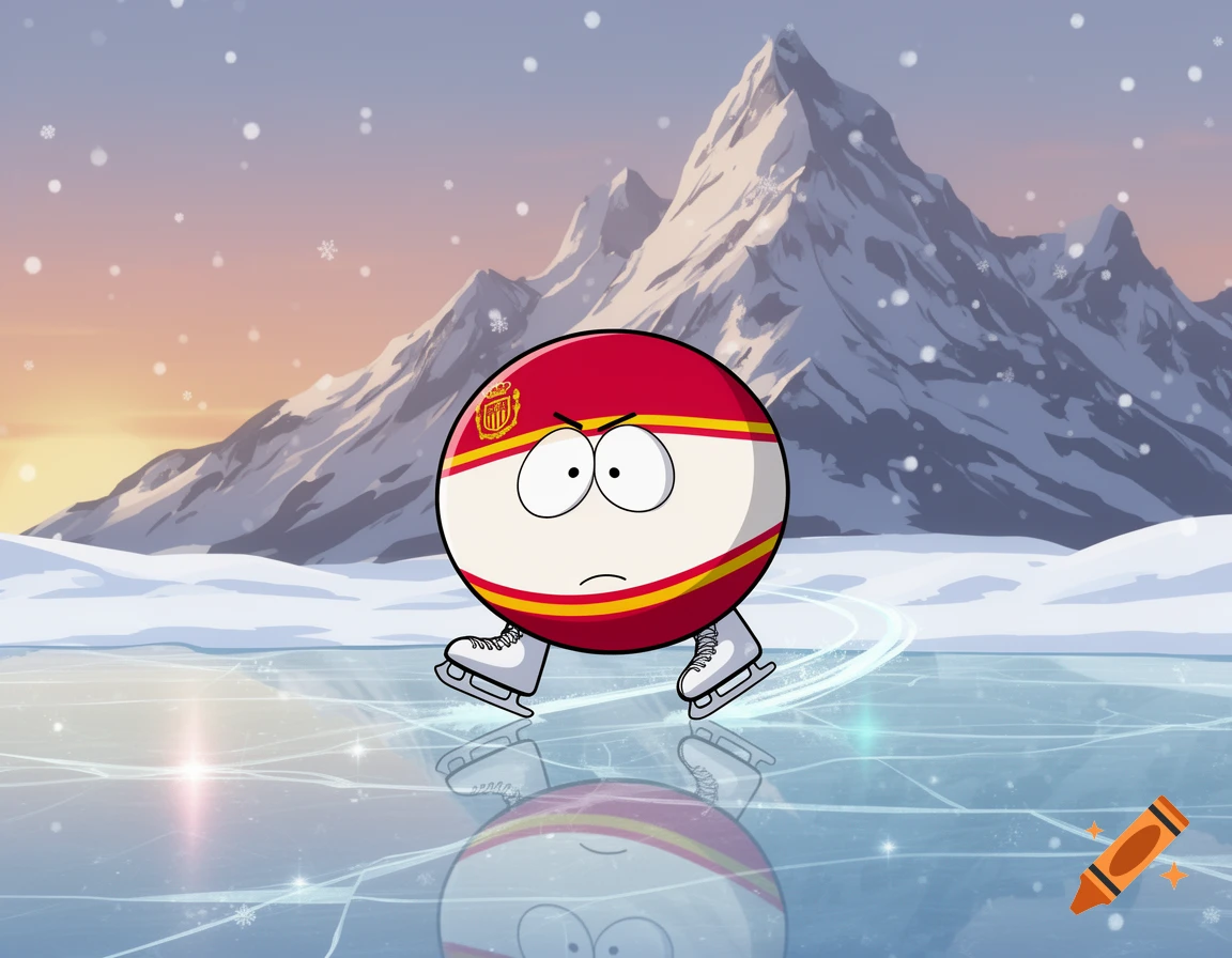 A South Park-style countryball character with a red and white flag design ice skates on a frozen lake, with snowy mountains in the background during a snowfall.