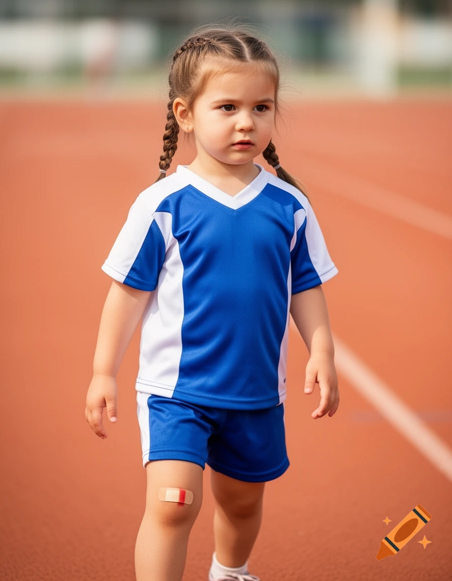 A young girl with braided pigtails in a blue and white athletic uniform and a band-aid on her knee stands on a running track.