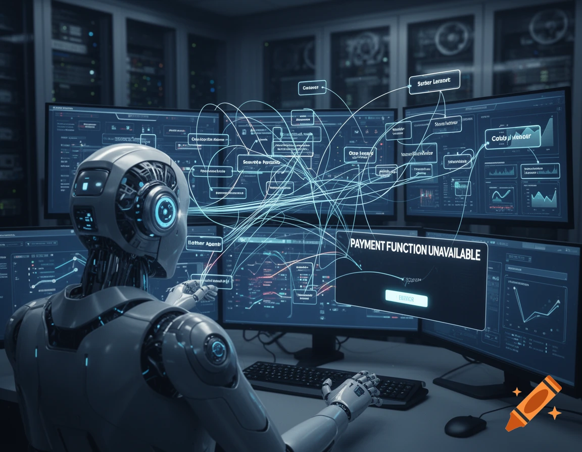 Photorealistic robot in a server room operating multiple computer monitors displaying data and an error message.