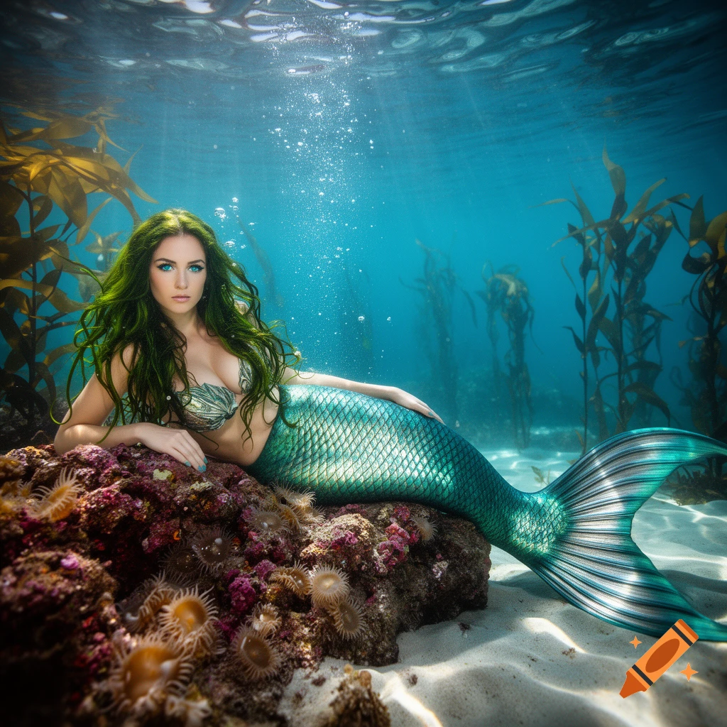 A beautiful mermaid with flowing green hair and a shimmering teal tail rests on a colorful coral-covered rock underwater, surrounded by kelp.