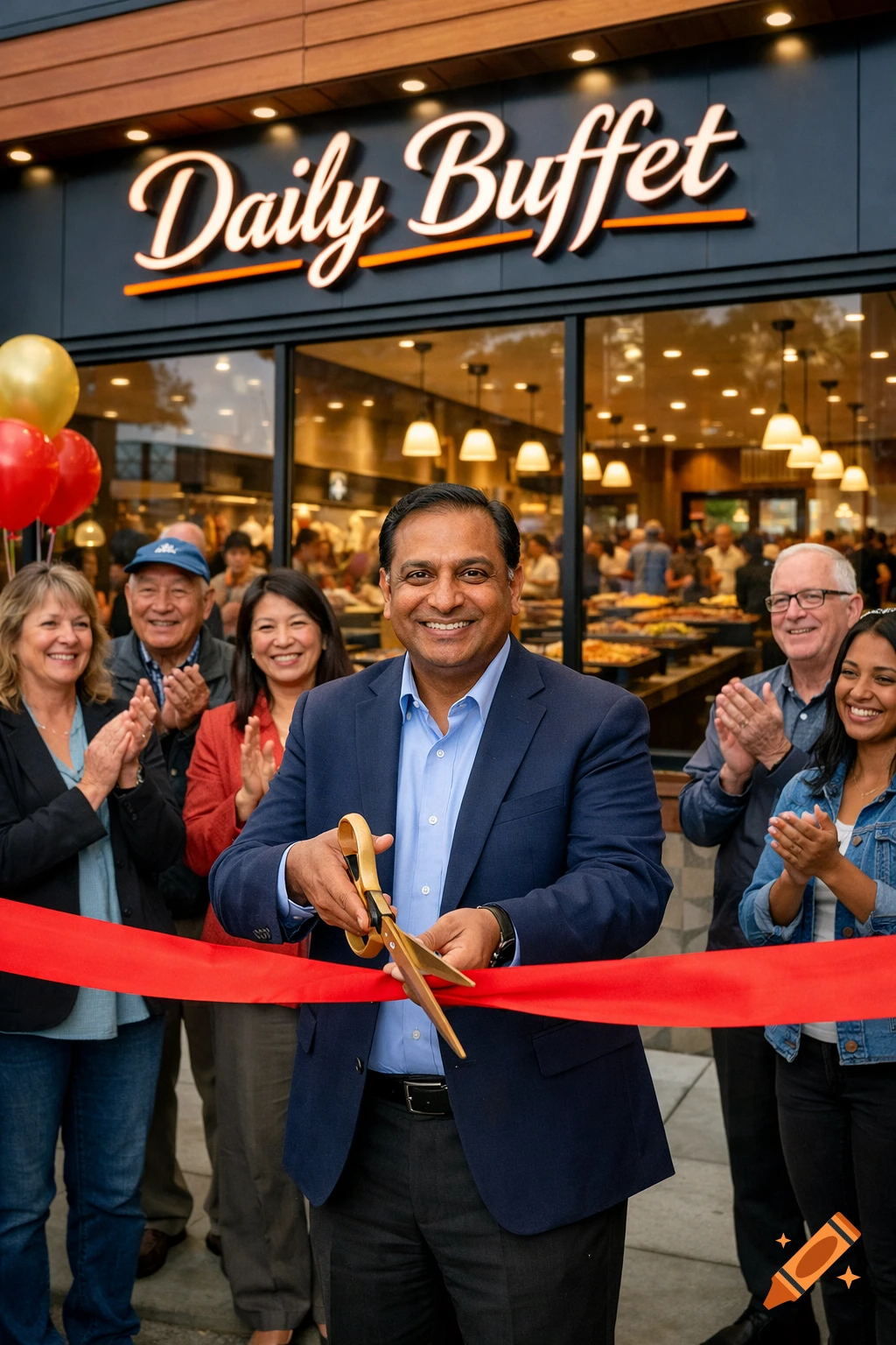 A man in a suit cuts a red ribbon at the grand opening of 'Daily Buffet' restaurant, surrounded by clapping people.