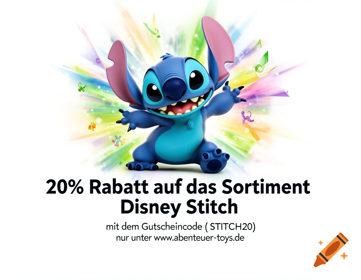Cartoon advertisement featuring a smiling Stitch character with text about a 20% discount on Disney Stitch products.