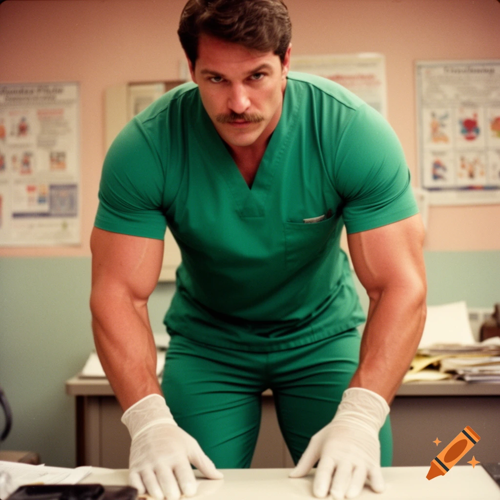 A muscular man with a mustache in green scrubs and latex gloves leans forward at a counter in a medical office, in a 90s style photo.