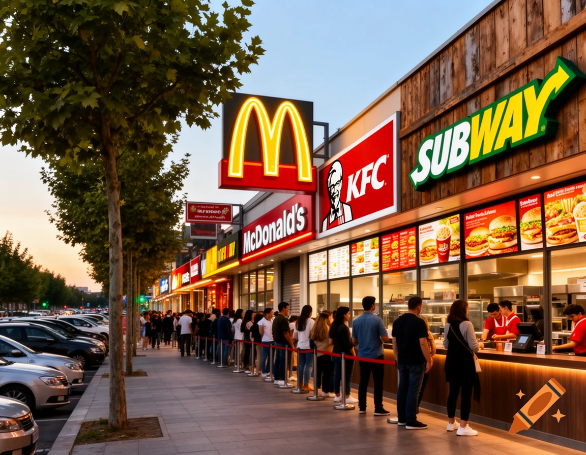 People queueing outside McDonald's, KFC, and Subway restaurants on a city street at dusk, photorealistic.