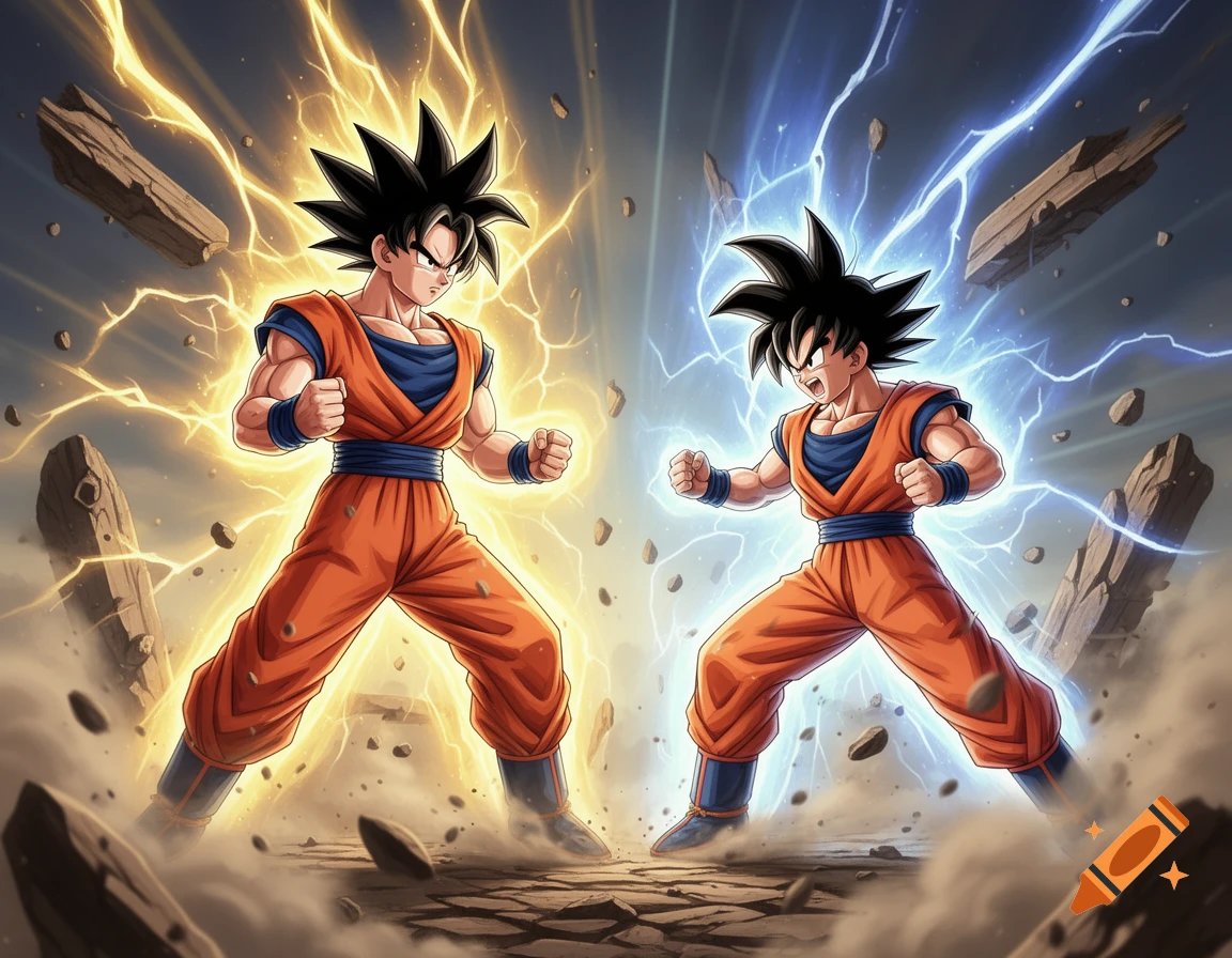 Two anime characters resembling Goku, one with golden energy and one with blue energy, in fighting stances amidst flying debris.
