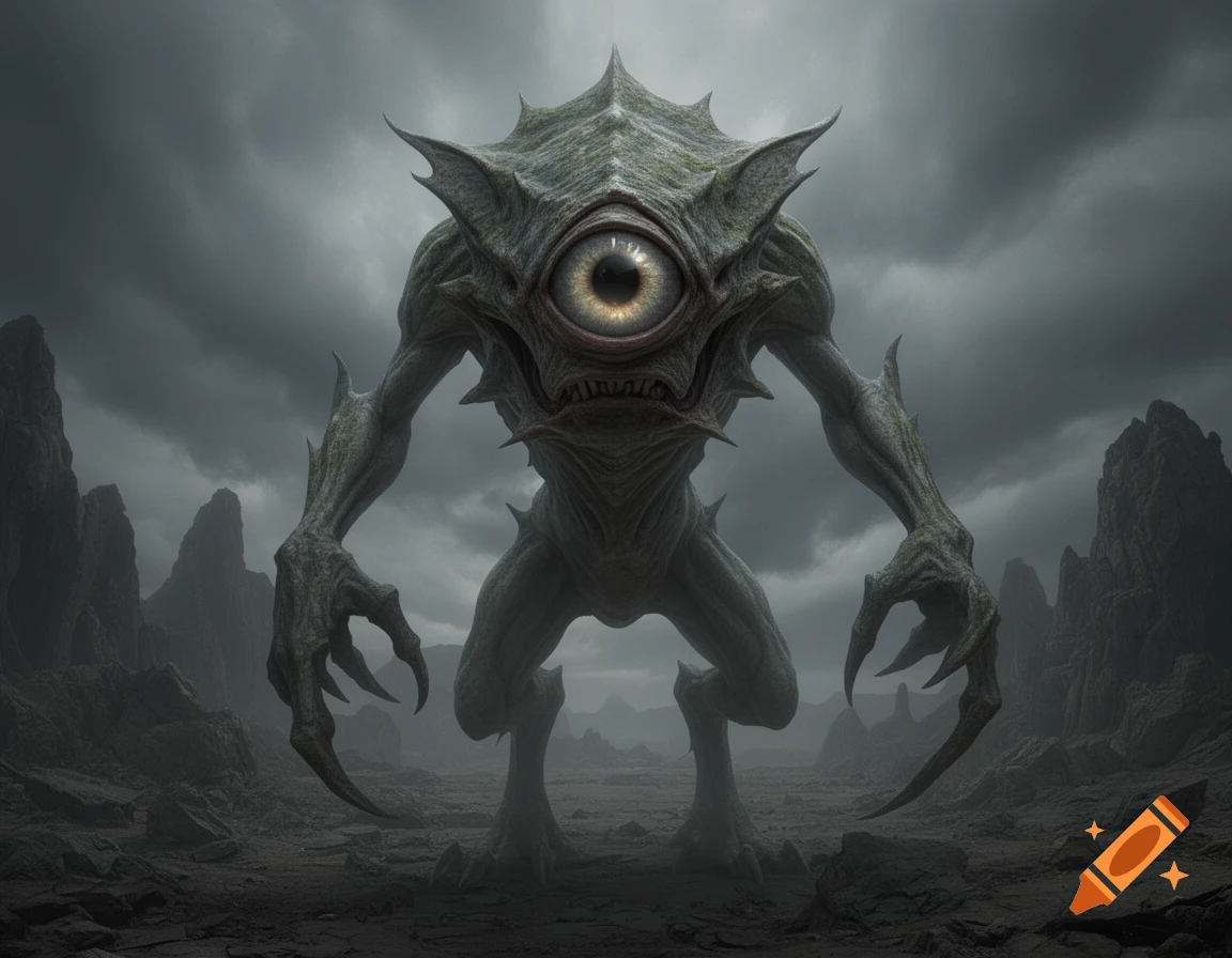 A grotesque cyclopean monster with grey-green skin and large claws stands in a desolate rocky landscape under a stormy sky.