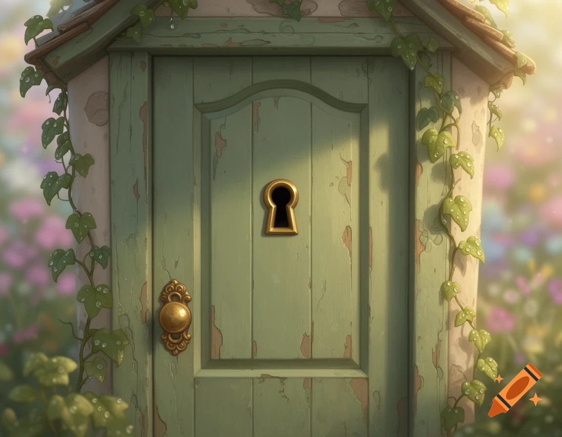 A close-up of a small, weathered green door with a golden keyhole and doorknob, framed by ivy vines with water droplets, set against a blurred, sunlit field of colorful flowers.