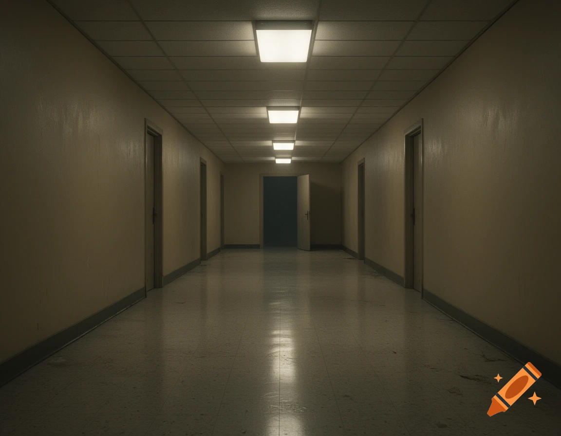 A long, dimly lit, empty hallway with a tiled floor, rectangular ceiling lights, and multiple doors along the walls, one open at the end.