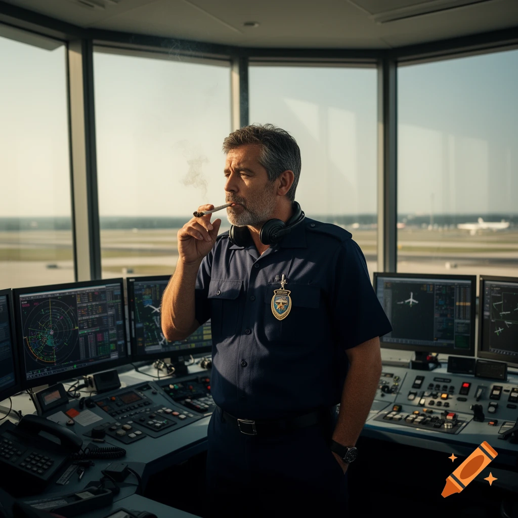 A photorealistic image of a man in an air traffic controller uniform smoking a joint in a control tower overlooking an airport runway.
