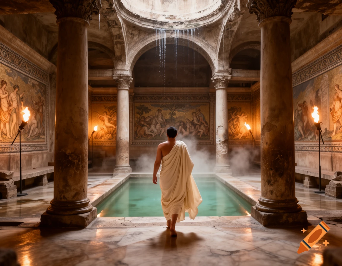 A person in a white toga walks towards a steaming pool in a grand ancient Roman bathhouse with pillars and mosaic walls, photorealistic.