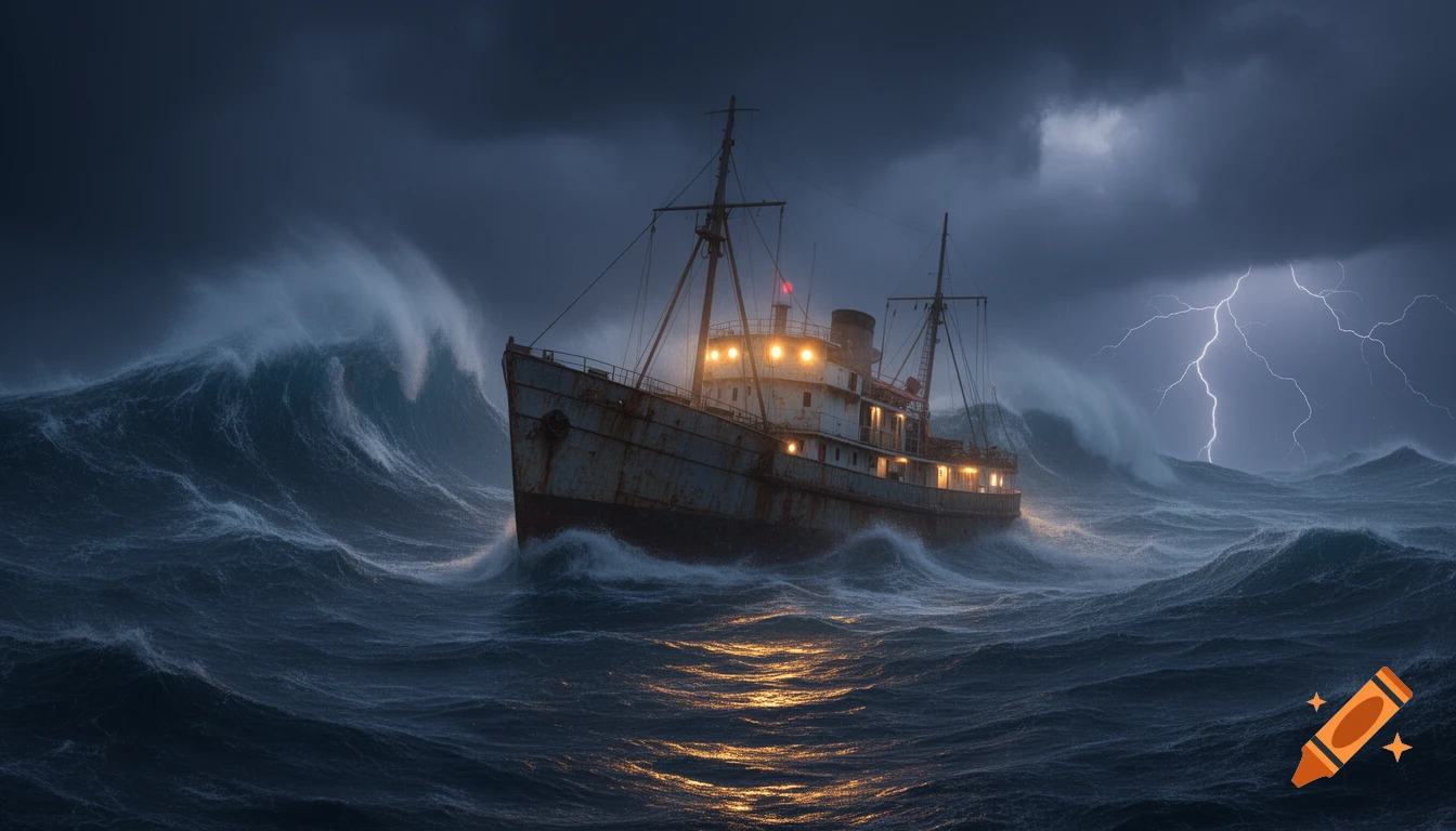 Photorealistic view of an old tramp steamer ship battling heavy seas and massive waves at night, illuminated by its lights and a distant lightning strike.