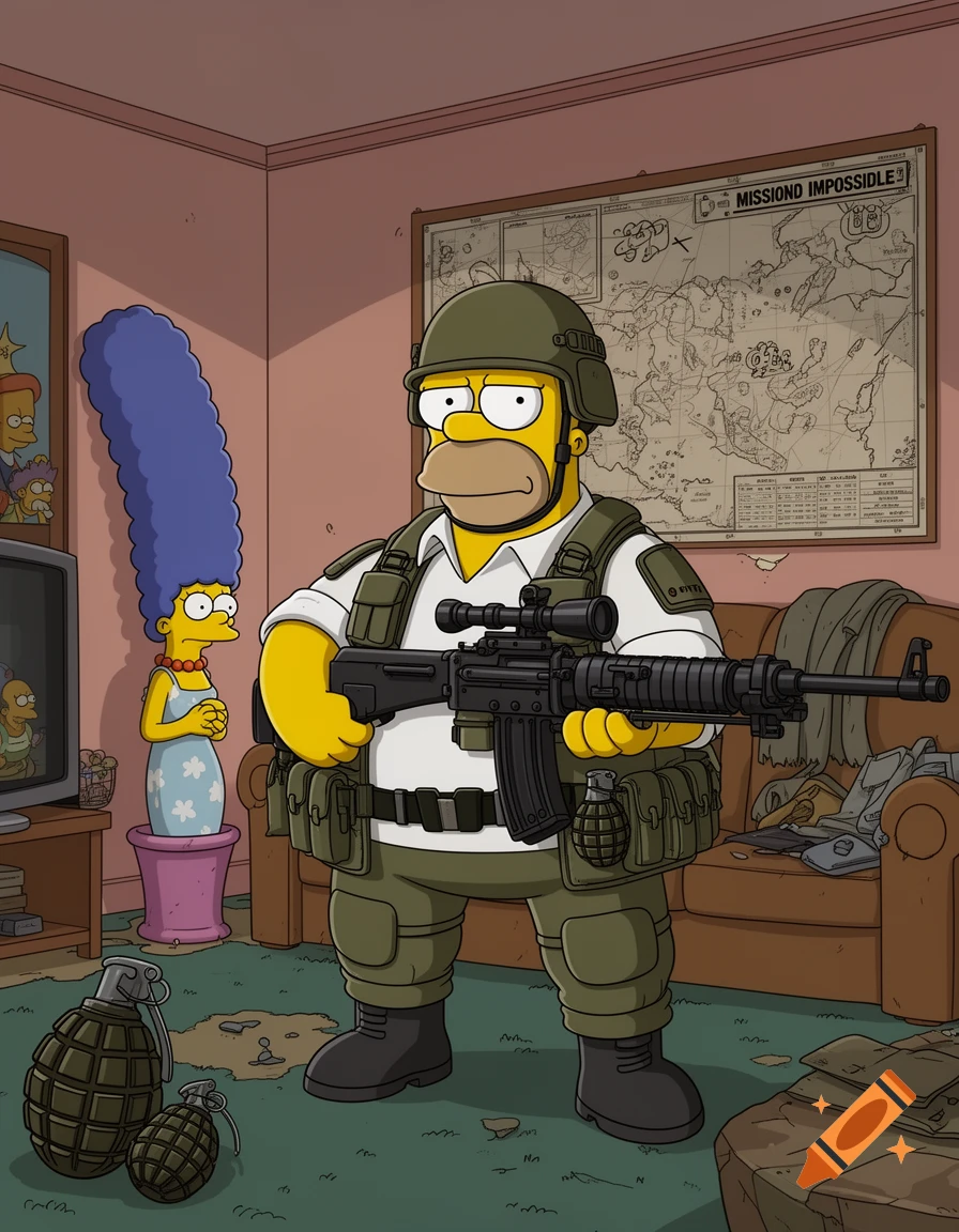Cartoon Homer Simpson in military gear holding a rifle with grenades, Marge in background.