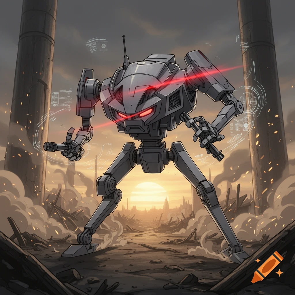 A gray robot with red glowing eyes and laser beams stands menacingly in a war-torn, industrial landscape at sunset.
