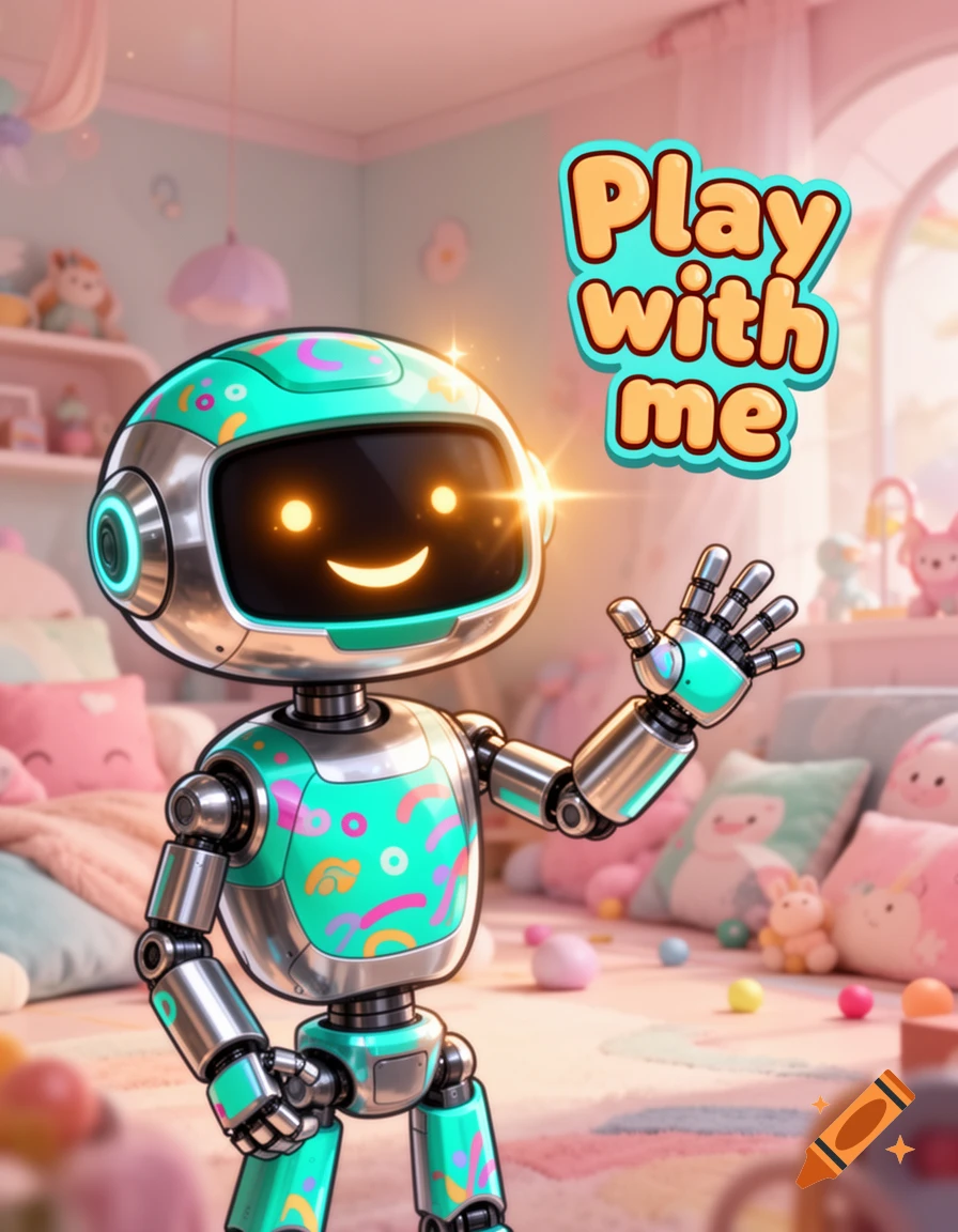A cute, teal and silver cartoon robot with a glowing smiley face waves in a pastel child's room, with text 'Play with me'.