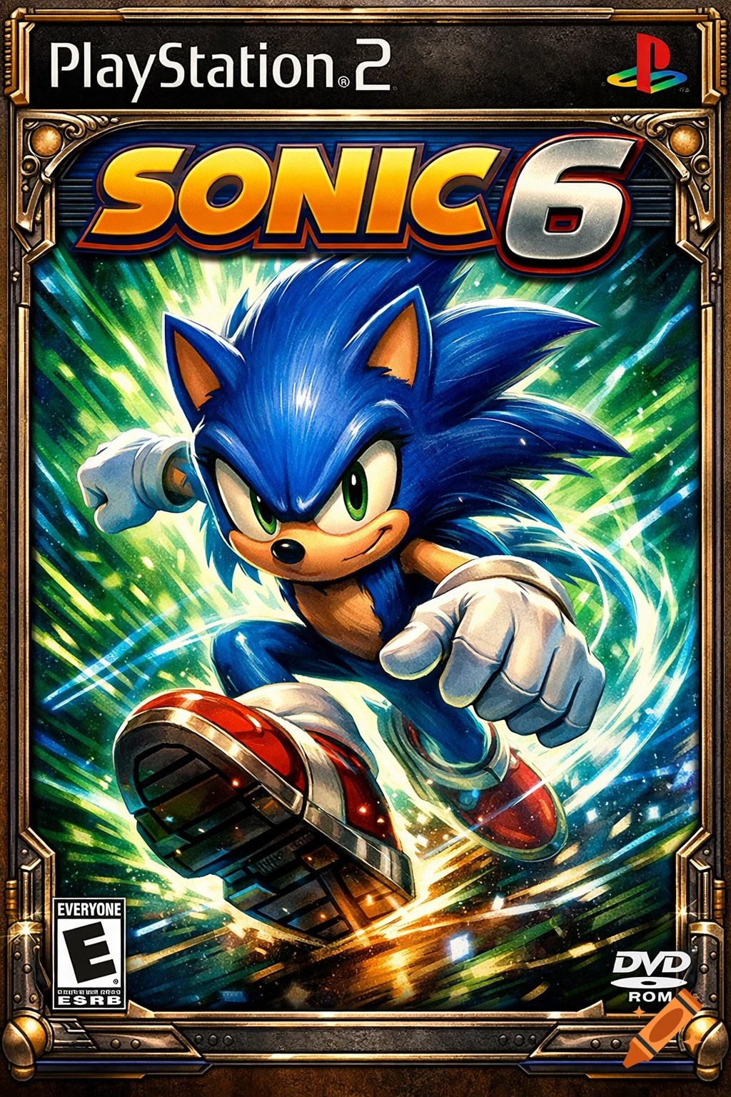 Sonic the Hedgehog bursts forward on a PlayStation 2 'Sonic 6' game box art, surrounded by green and blue energy.