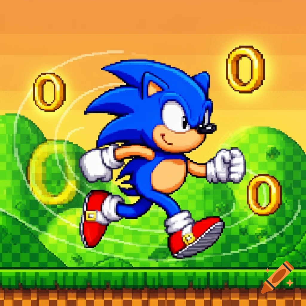Pixelated classic Sonic the Hedgehog runs through a green hill zone with golden rings, in a vibrant video game style.