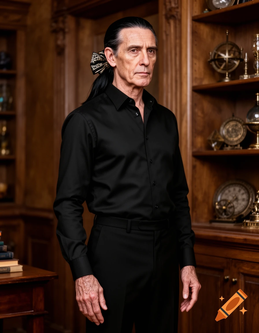 A man with long black hair tied with a patterned bow stands in a wooden study, wearing a black shirt and pants.