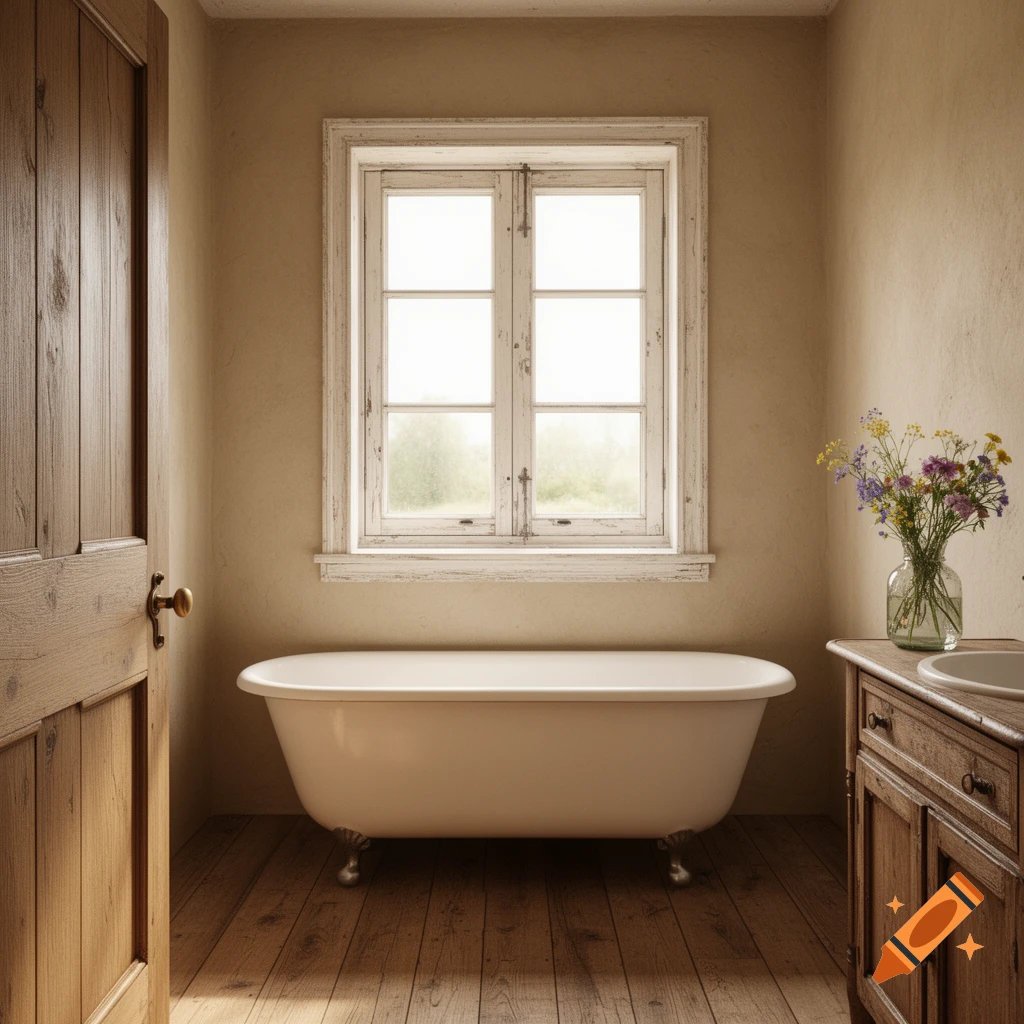 A rustic-style bathroom featuring a clawfoot bathtub, a wooden-framed window, an open wooden door, and a vase of wildflowers on a wooden vanity.
