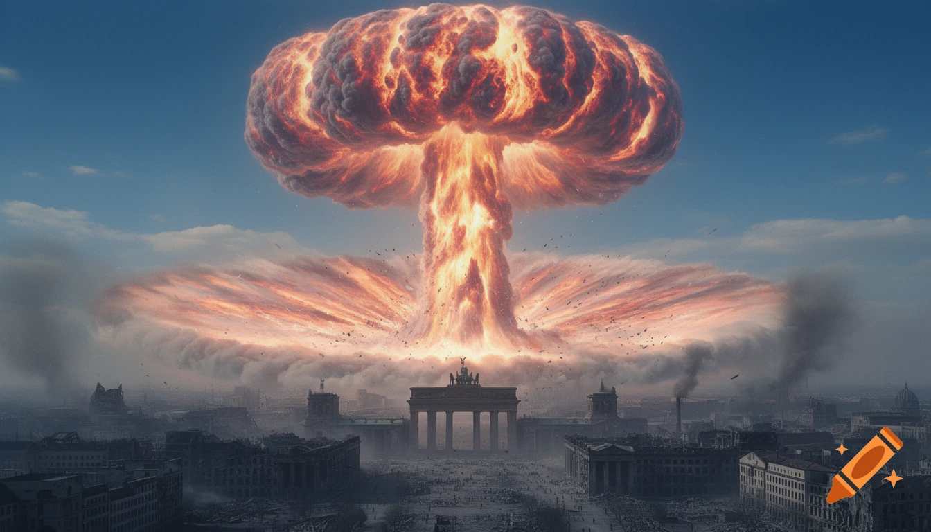 Photorealistic image of a massive atomic bomb mushroom cloud towering over a ruined Berlin cityscape with the Brandenburg Gate.