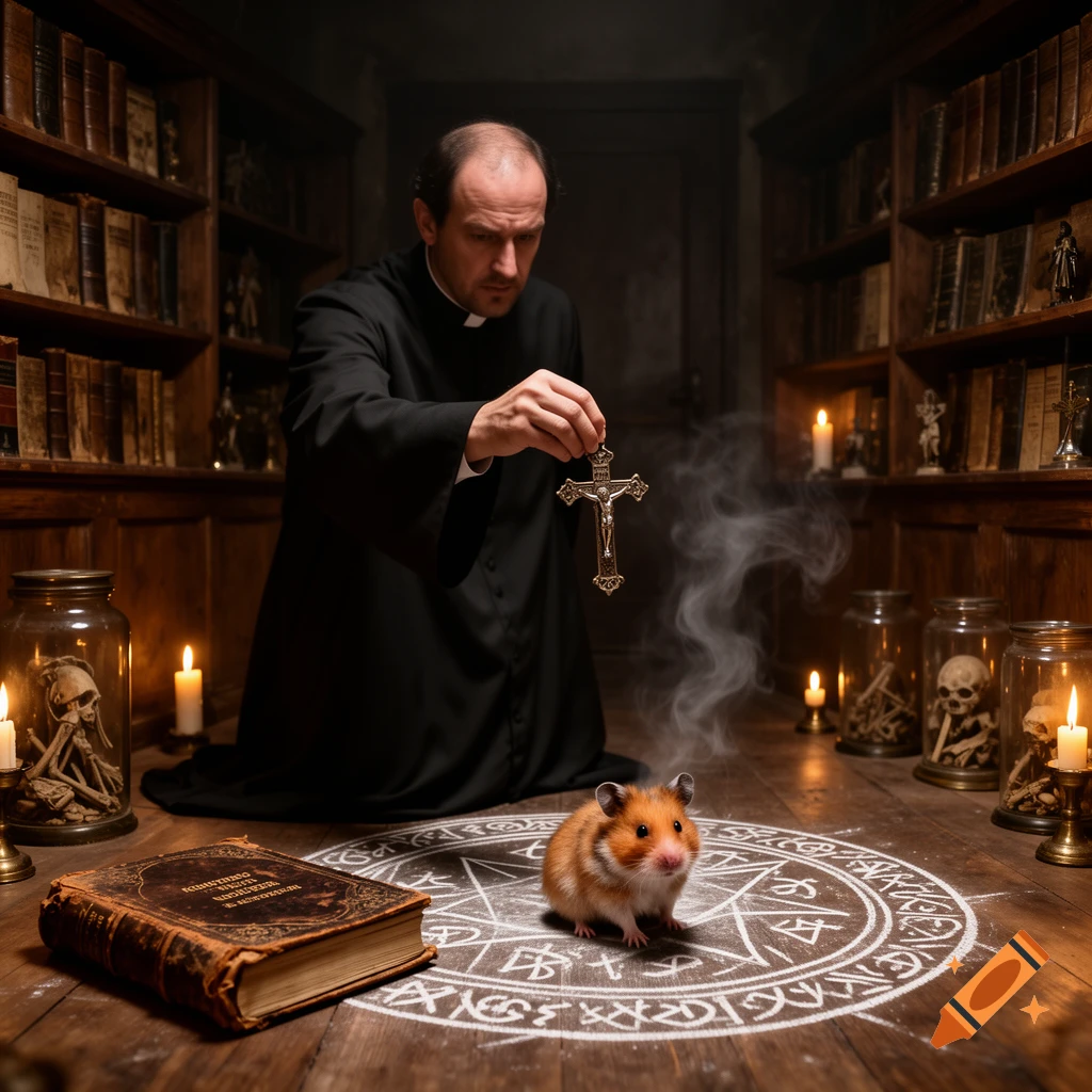 A priest holds a crucifix over a hamster in a chalk circle on a wooden floor, surrounded by candles and jars of skulls in a dark, book-lined room.