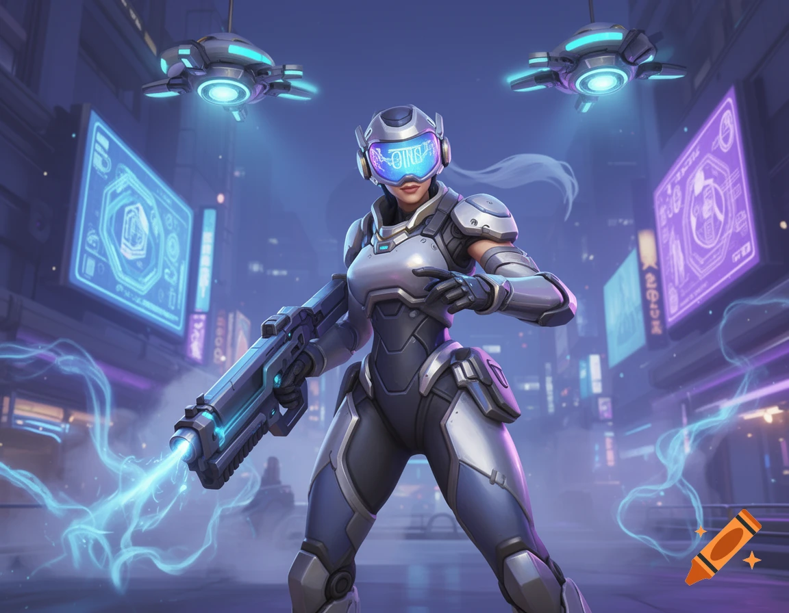 A futuristic armored character in a cyberpunk city street, holding a glowing weapon and wearing a visor.