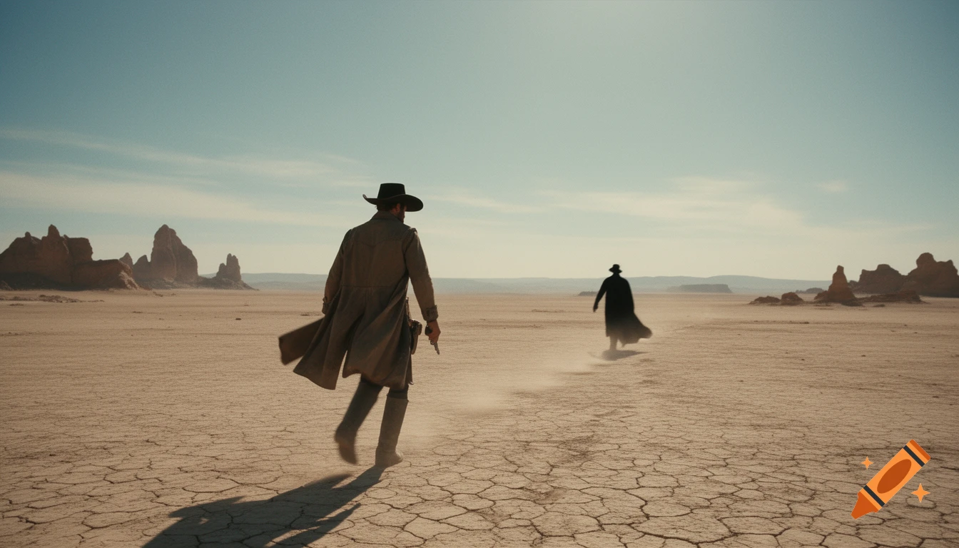 A gunslinger follows a fleeing man across a vast, cracked desert under a clear sky, with distant rock formations.
