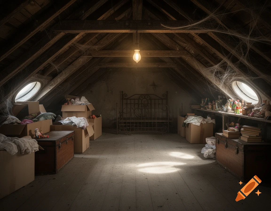 A dusty, old attic with wooden beams, cobwebs, an illuminated lightbulb, cardboard boxes, old furniture, and oval windows.