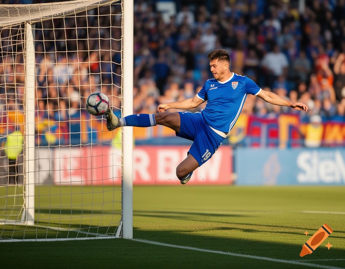 Male soccer player in blue uniform kicking a ball into a goal during a daytime match.