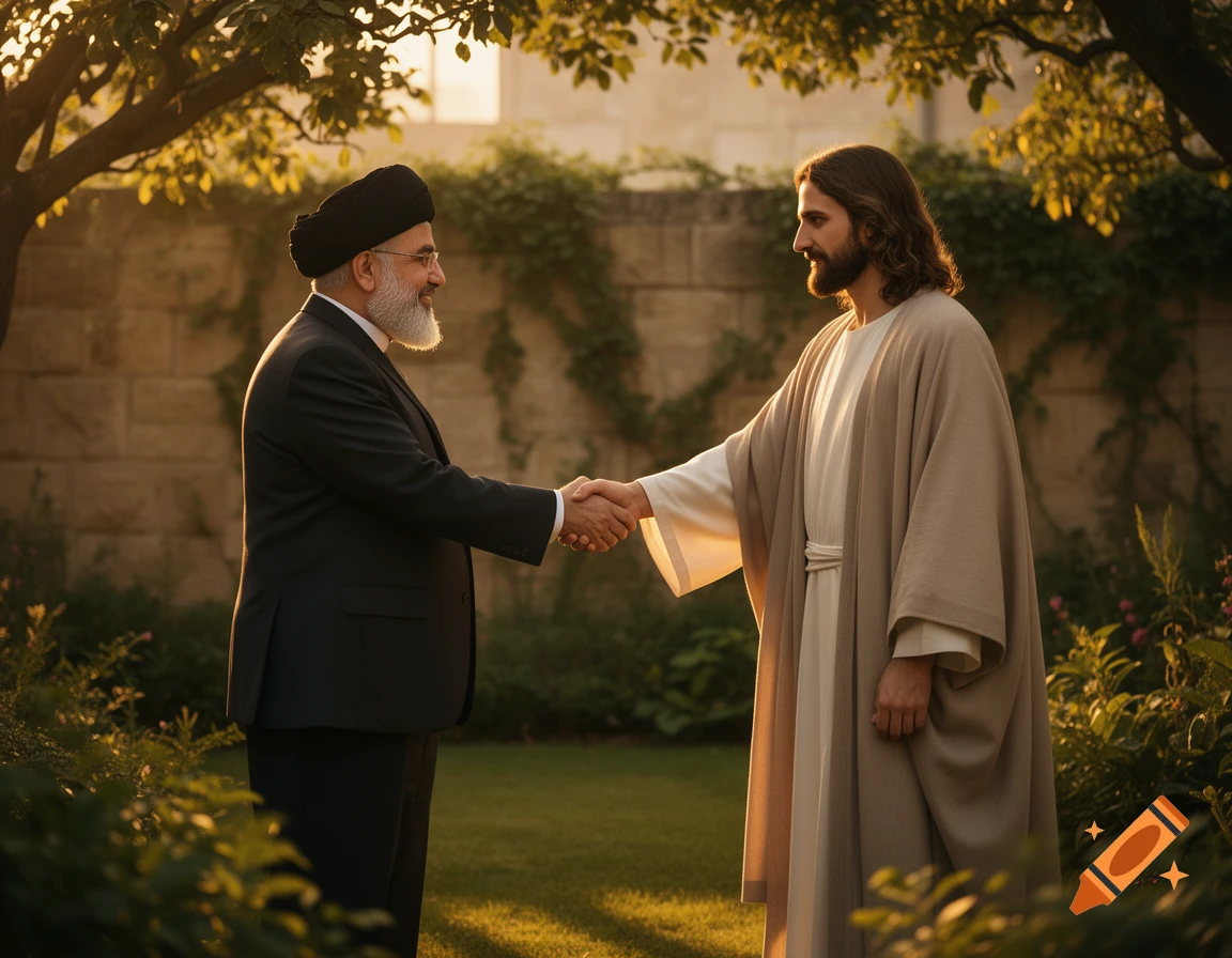 A photorealistic image of a bearded man in a suit shaking hands with a long-haired man resembling Jesus in a robe, in a sunlit garden.