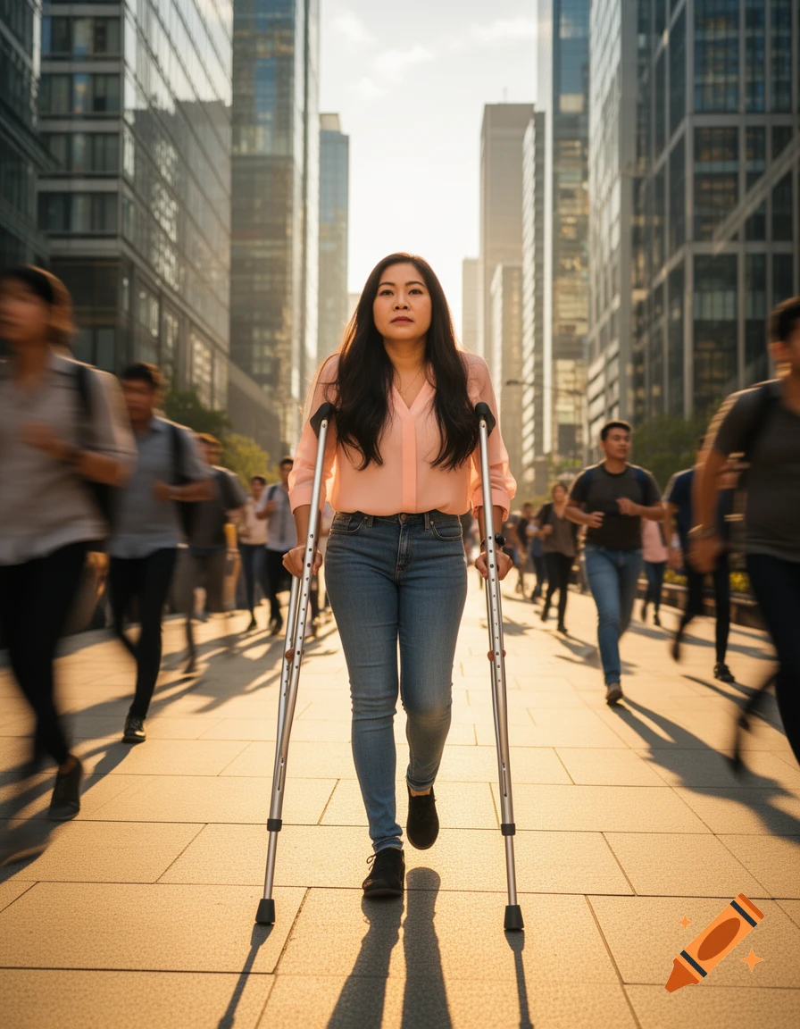 A Filipina woman walks with crutches down a busy city street with tall buildings, backlit by the setting sun.
