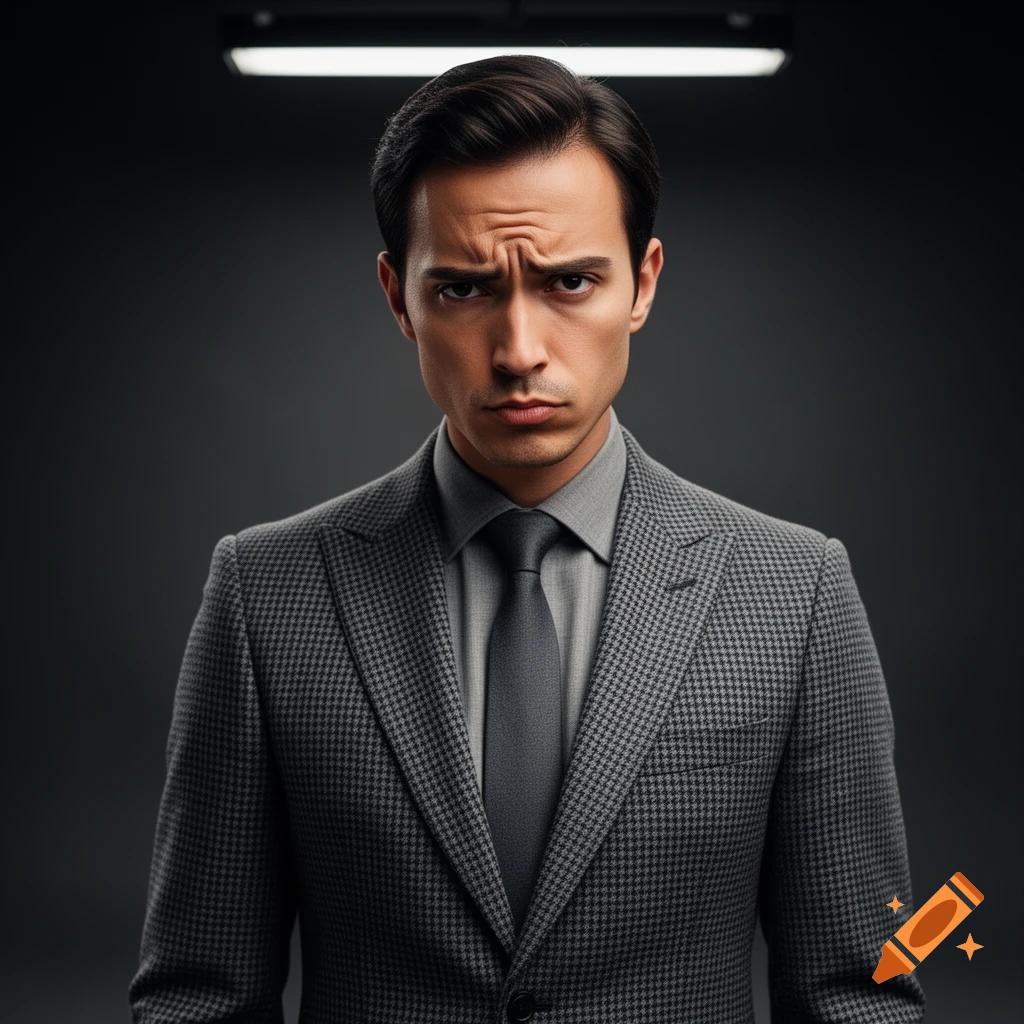 A man in a gray houndstooth suit and tie looks directly at the viewer with a skeptical expression, his brow furrowed.