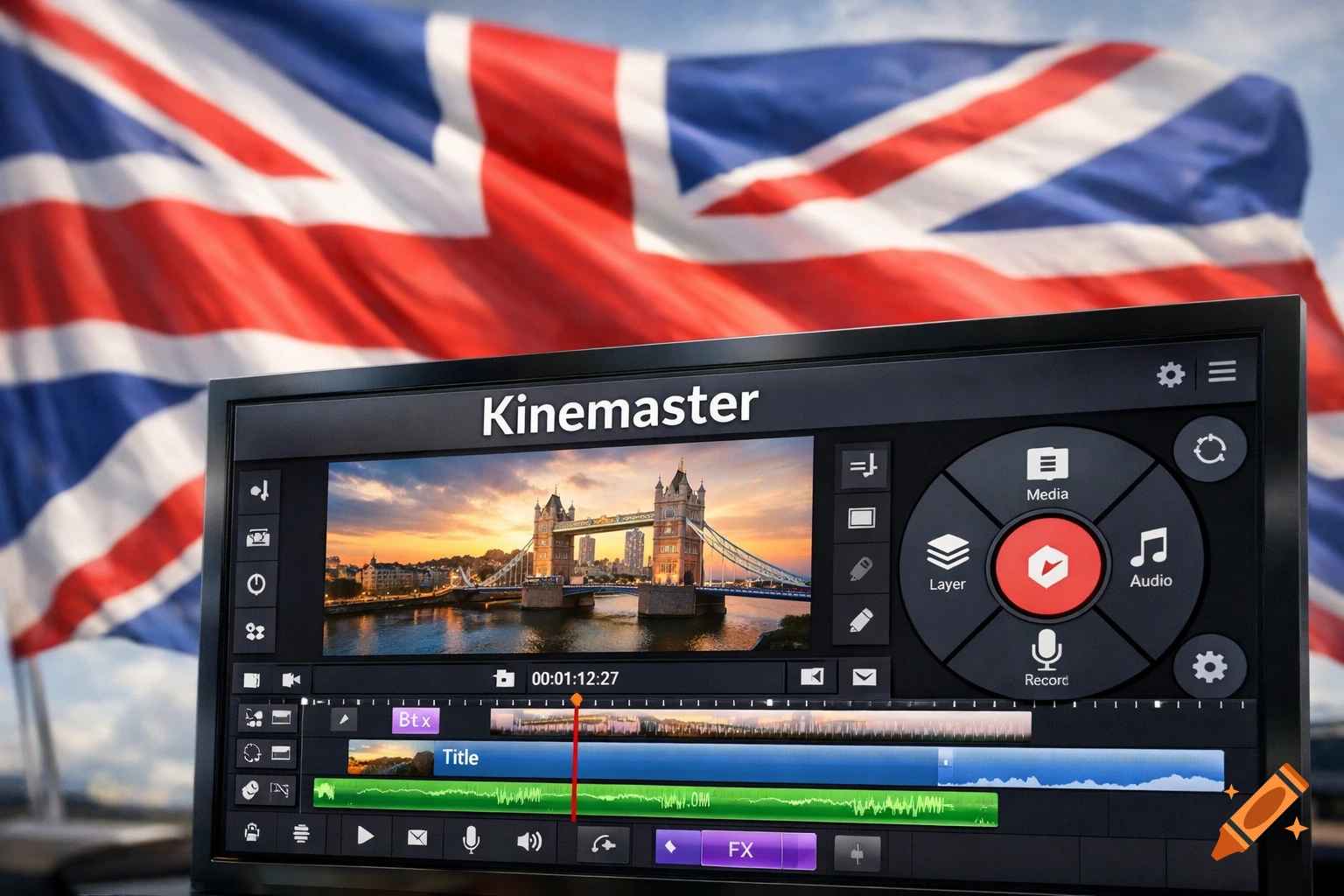 A computer screen displays Kinemaster video editing software featuring Tower Bridge at sunset, set against a British flag.