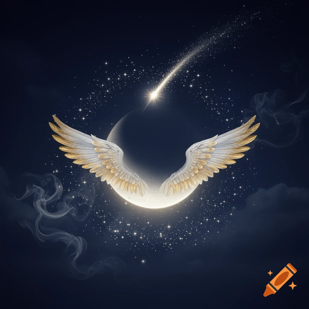 A glowing crescent moon with golden and white feathered wings, surrounded by twinkling stars and a bright shooting star streaking across a dark night sky.