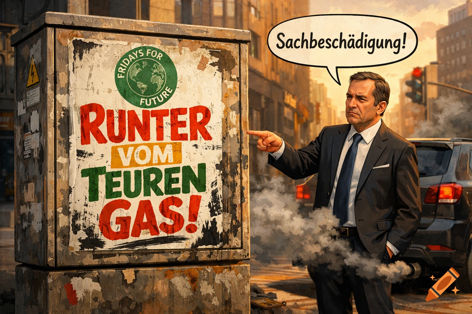 A stern man in a suit points at a "Fridays for Future" poster on a utility box that reads "Down with expensive gas!". He says "Vandalism!" while a smoking SUV is behind him in a city street.