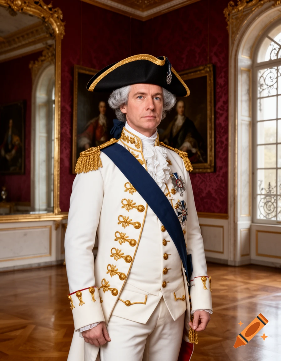 A photorealistic portrait of a man in a white historical military uniform with gold trim and a blue sash, standing in an ornate red and gold room.