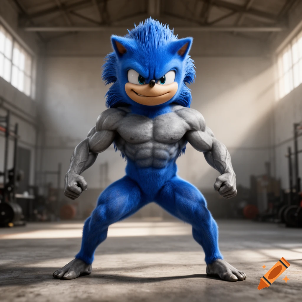 A muscular blue Sonic-headed character with a grey, Machoke-like torso stands powerfully in a gym. Photorealistic 3D render.