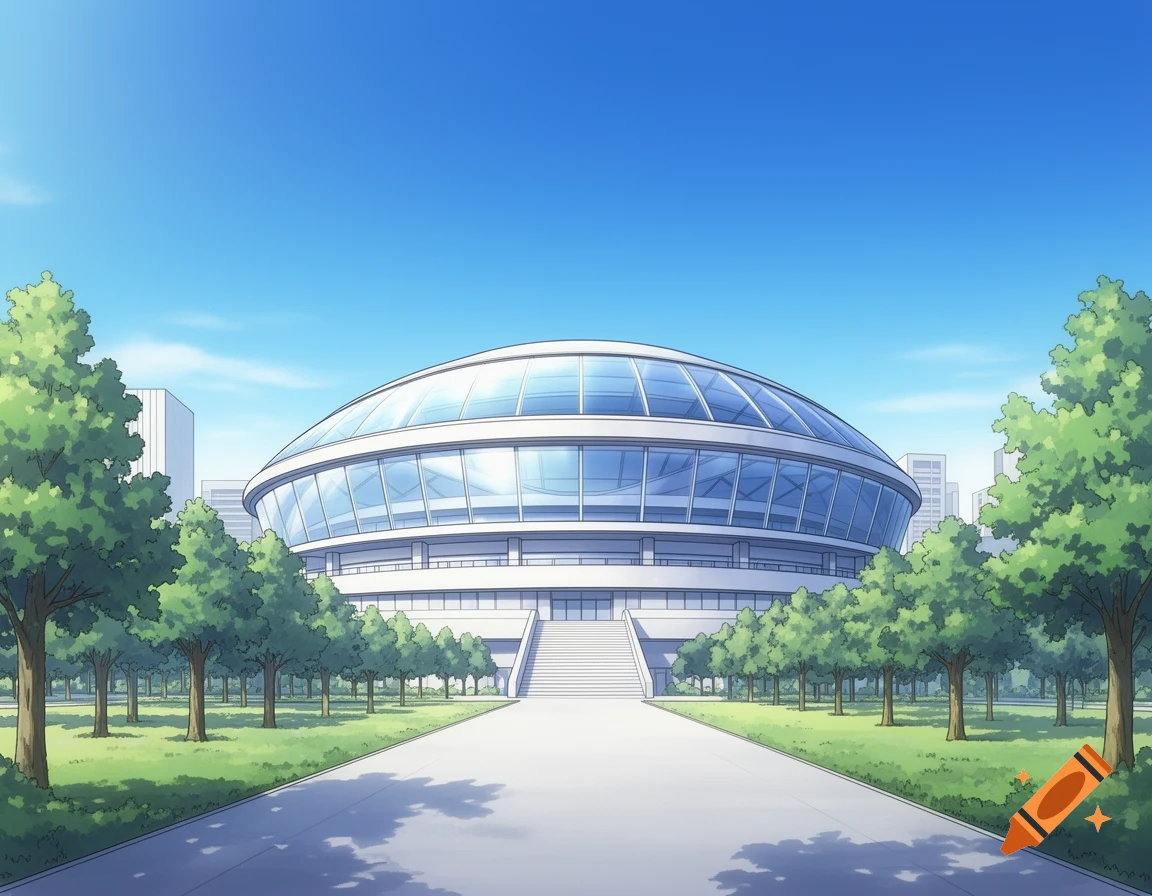 A large, futuristic white dome stadium surrounded by green trees and grass, under a clear blue sky, in an anime art style.
