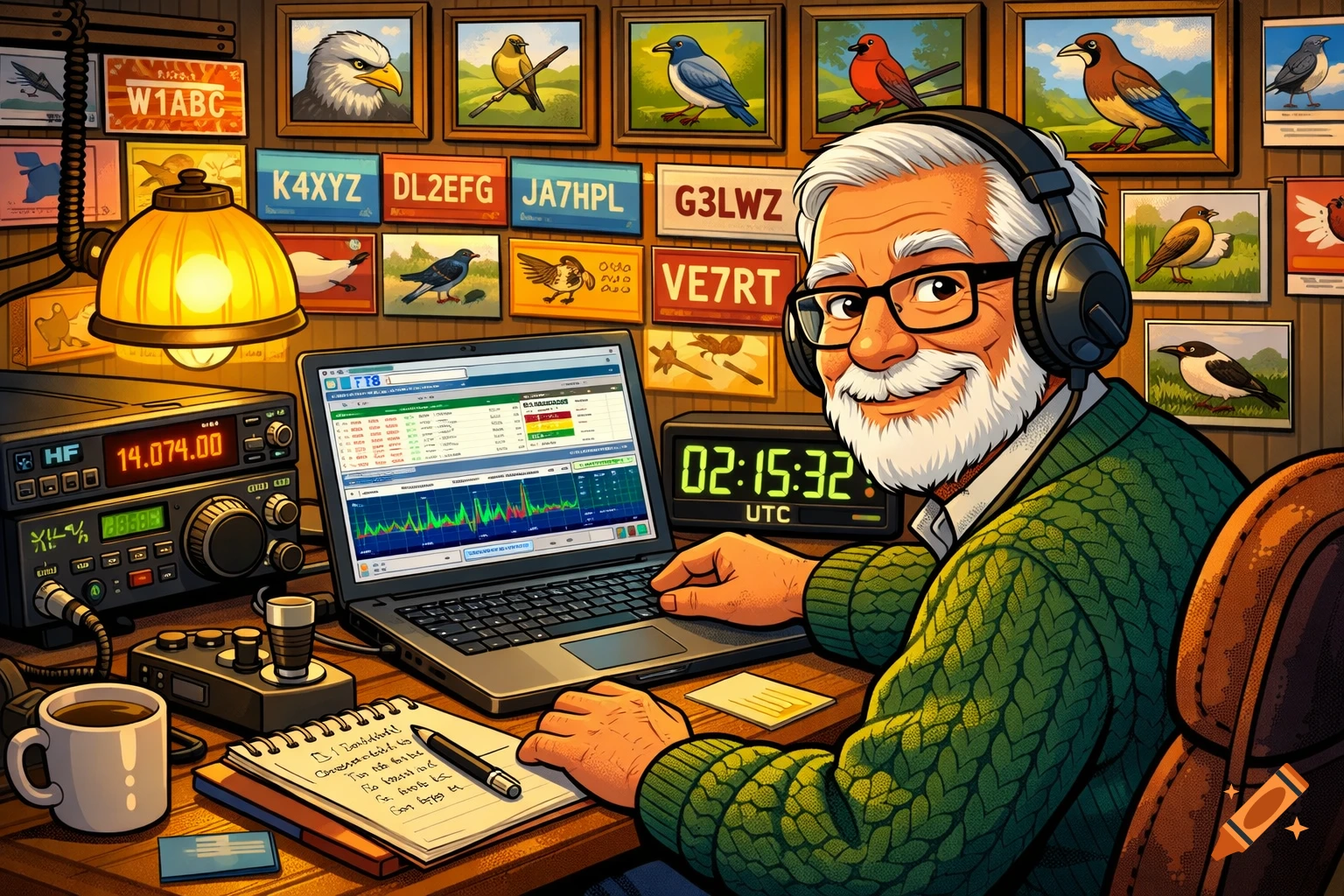 Cartoon of a smiling older man with headphones sitting at a desk with a laptop, radio, digital clock, and bird pictures on the wall.