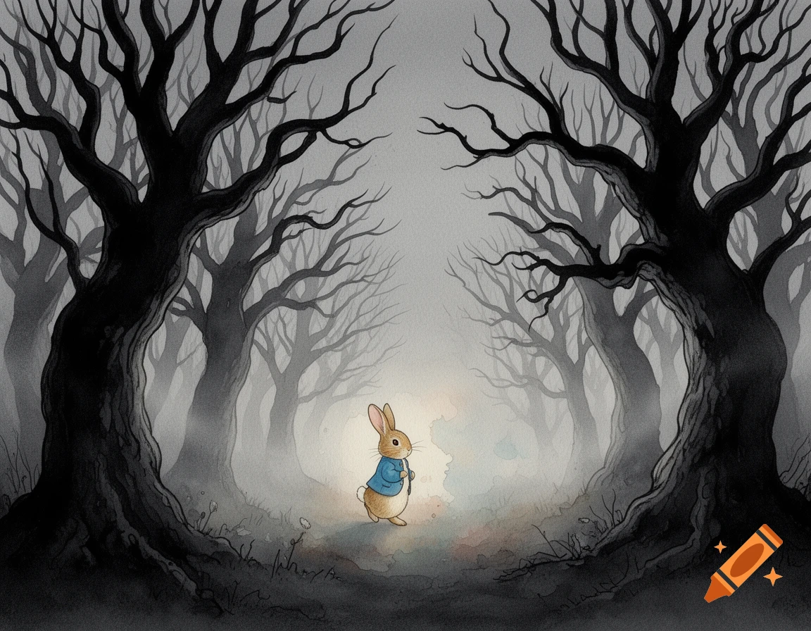 A watercolor illustration of Peter Rabbit in a spooky, dark forest with large, gnarled black trees and mist.