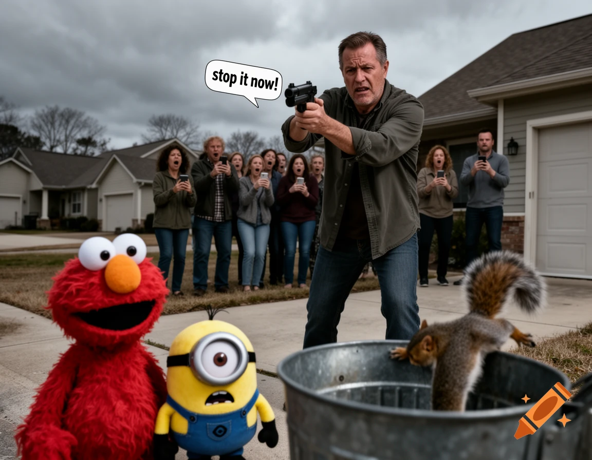 A man aims a gun at a squirrel in a trash can, with Elmo and a Minion looking on, while a crowd of shocked people record with phones.