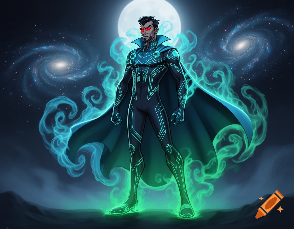 A stylized man with red eyes, wearing a dark suit with glowing blue lines and a cape, surrounded by green energy, stands under a full moon and galaxies.