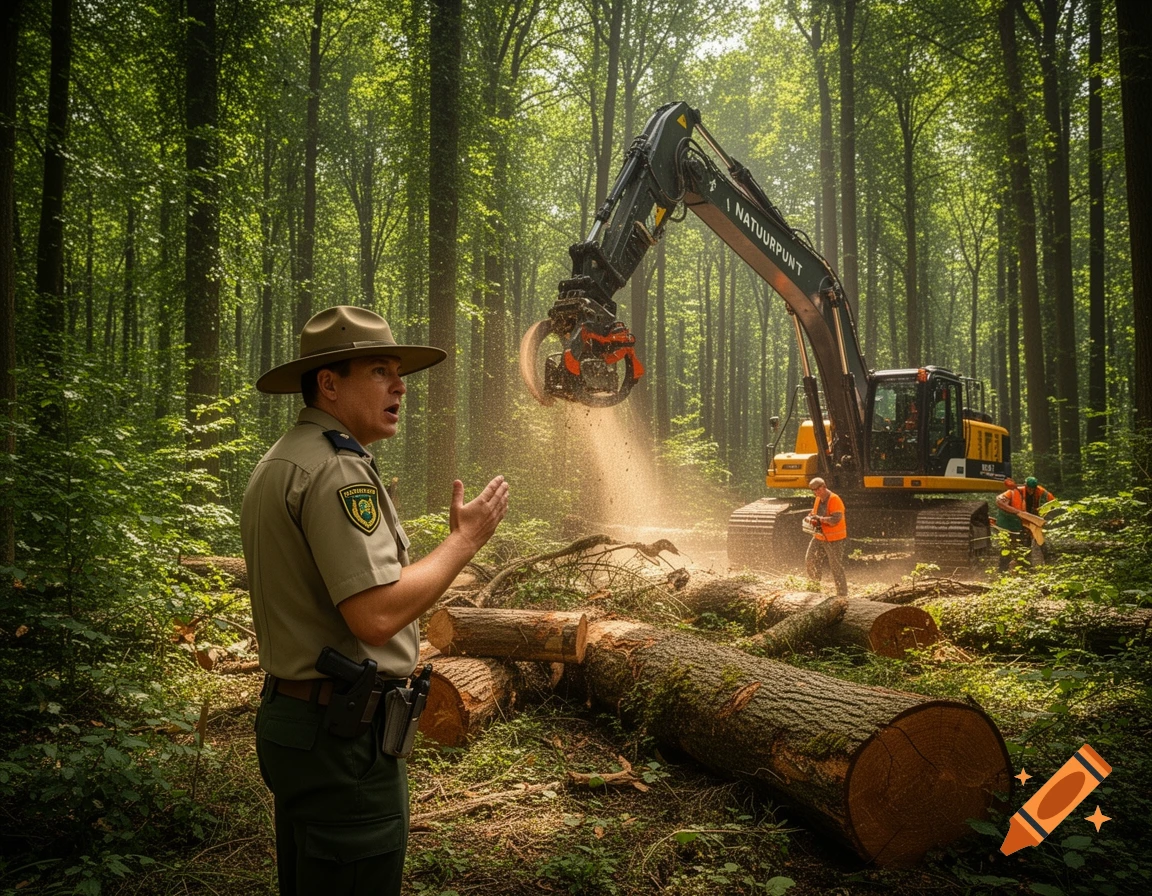 A park ranger in a forest observes heavy machinery felling large trees, with sawdust flying.