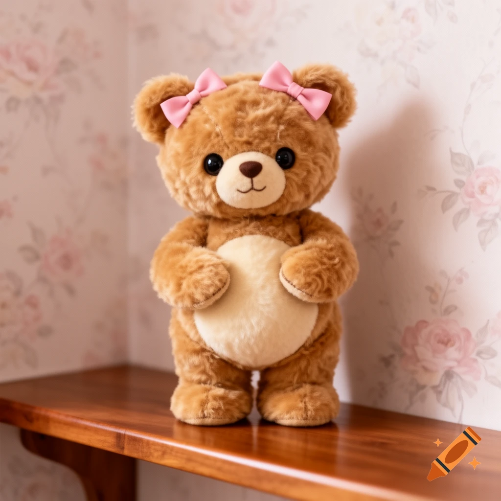 A fluffy brown teddy bear with pink bows stands on a wooden shelf against a floral wallpaper, patting its round belly.