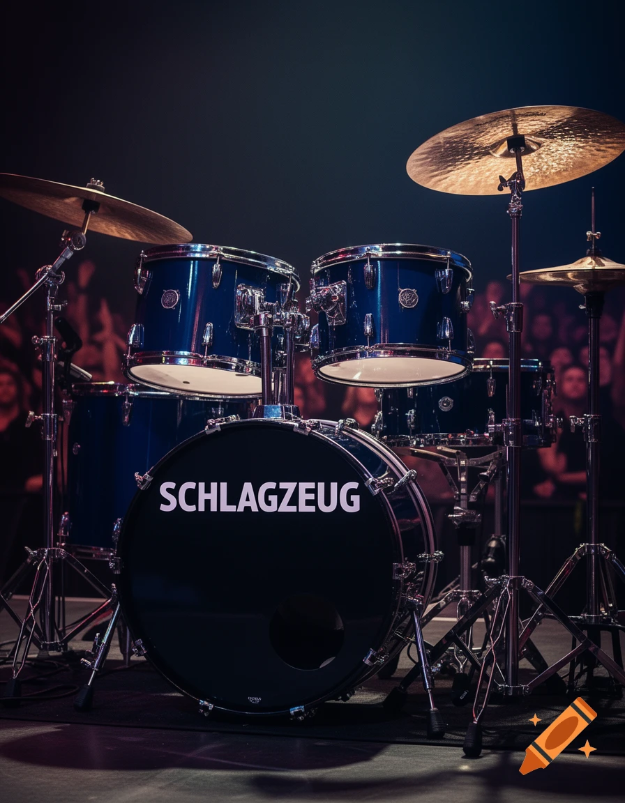 A close-up, dramatic shot of a blue drum set with 'SCHLAGZEUG' written on the bass drum, on a stage.