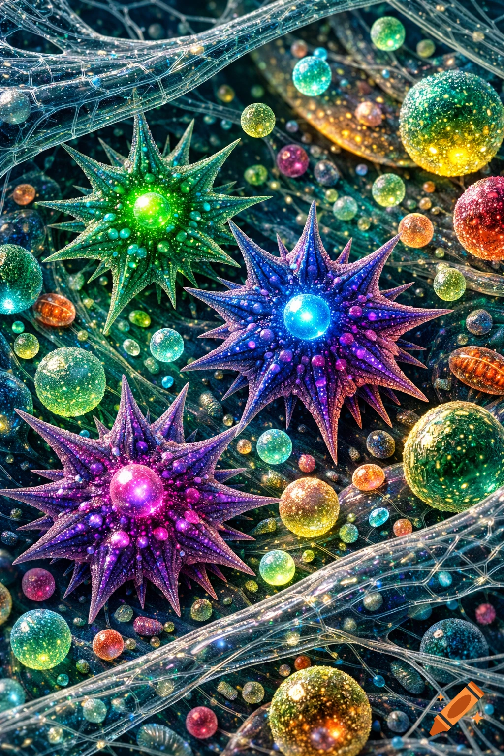 Vibrant microscopic image featuring glowing, star-shaped and spherical organisms with iridescent textures and delicate web-like structures.