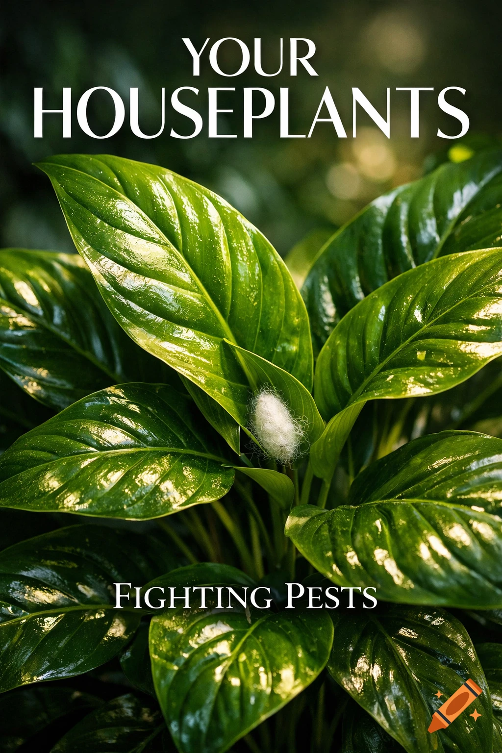 Close-up of a lush houseplant with glossy green leaves, a white pest cocoon, and 'YOUR HOUSEPLANTS FIGHTING PESTS' text.