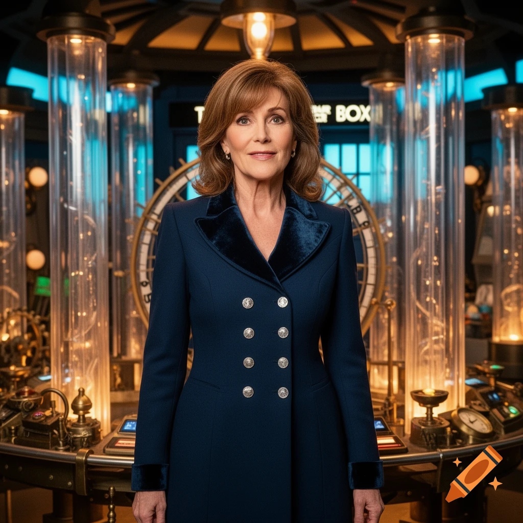 Photorealistic portrait of a woman in a blue coat standing in a sci-fi control room with glowing tubes and gears.