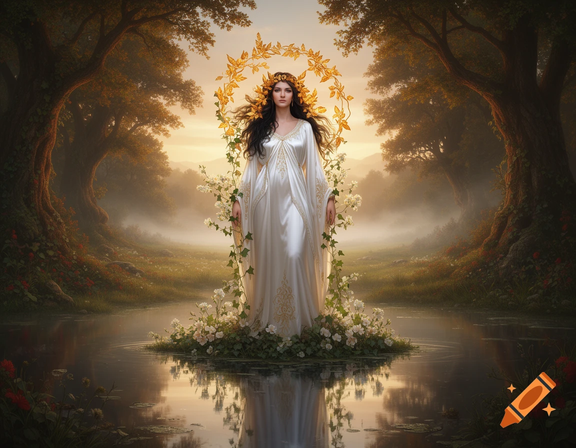 A beautiful woman in a white gown and golden crown stands amidst white flowers in a misty forest lake, reflecting the sunrise.