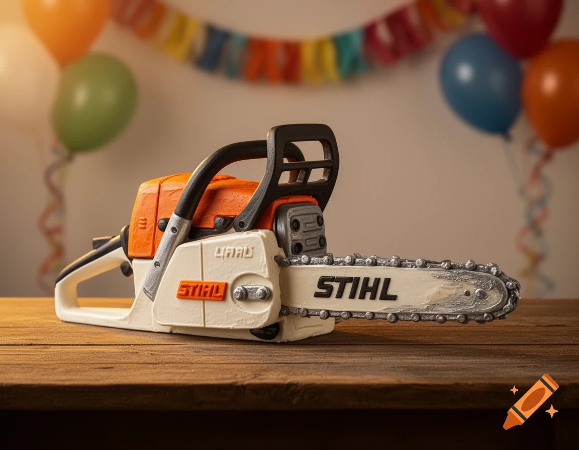 A photorealistic birthday cake shaped like an orange and white Stihl chainsaw sits on a wooden table, with balloons and a banner in the background.