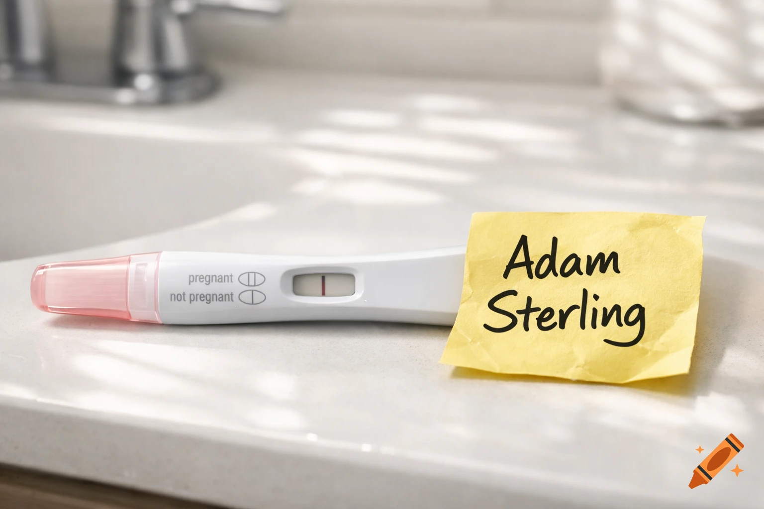 A negative pregnancy test lies on a bathroom counter next to a yellow sticky note that reads 'Adam Sterling'.